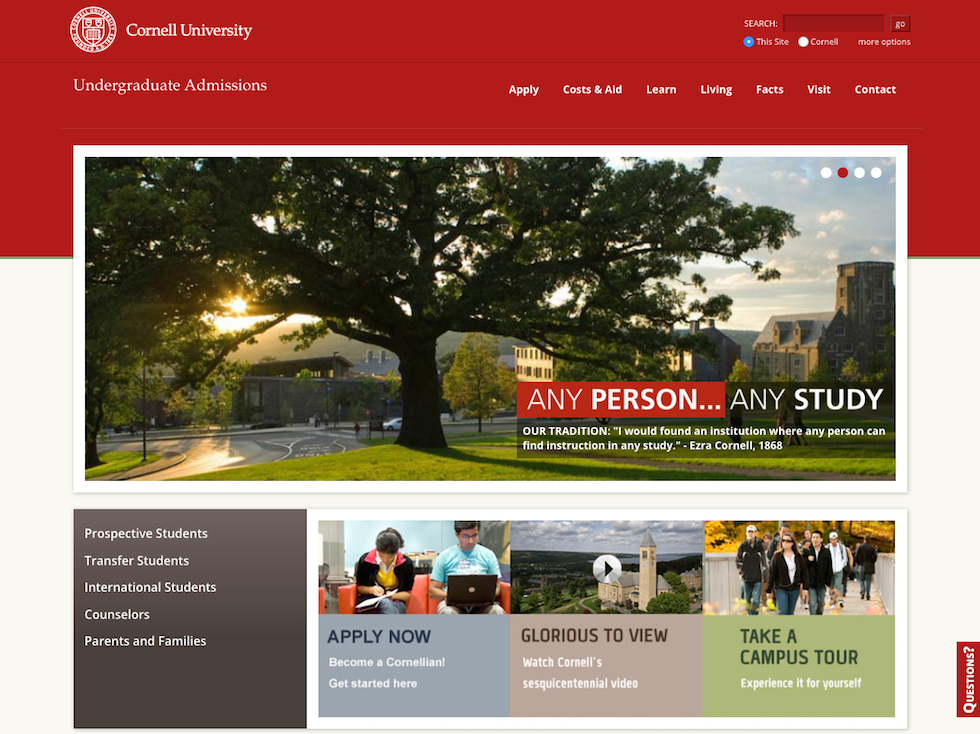 Screenshot of the home page of Cornell University’s official website