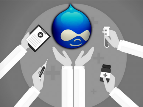 a blue drupal logo with three pair of hands holding a notepad, syringe, bottle, and test tube