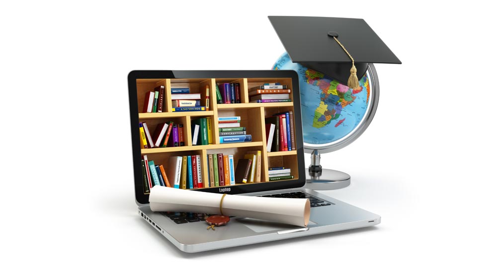 picture of a laptop which hjas book shelf in it. A degree in lying at the corner of the keyboard. A globe is lying beside the laptop.