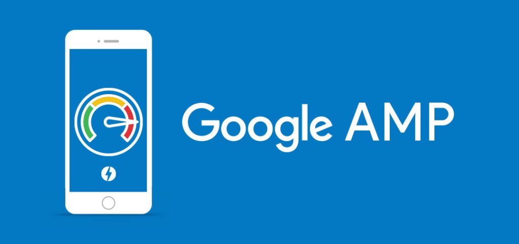 A blue background with a mobile phone where a meter is drawn on the screen and google amp is written on its side