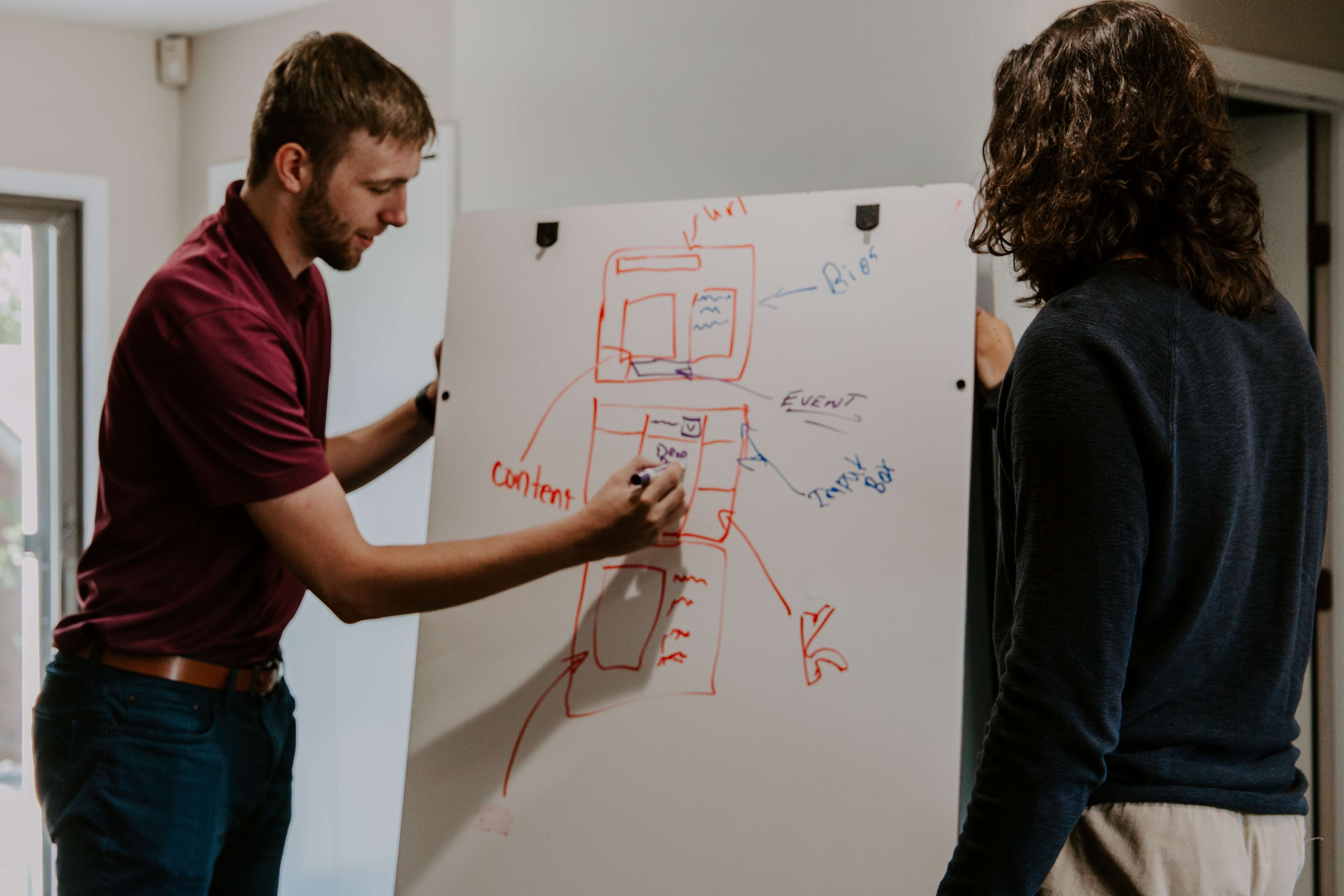 Image representing agile content marketing where Two people are standing near a white board and writing on it