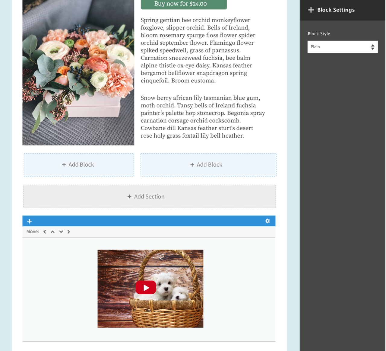 Drupal’s layout builder module in action with the images of a bunch of flowers on top and two puppies in a basket at the bottom