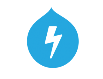 Image of the Drupal logo. With a blue background in the drop where a lightning sign is inside