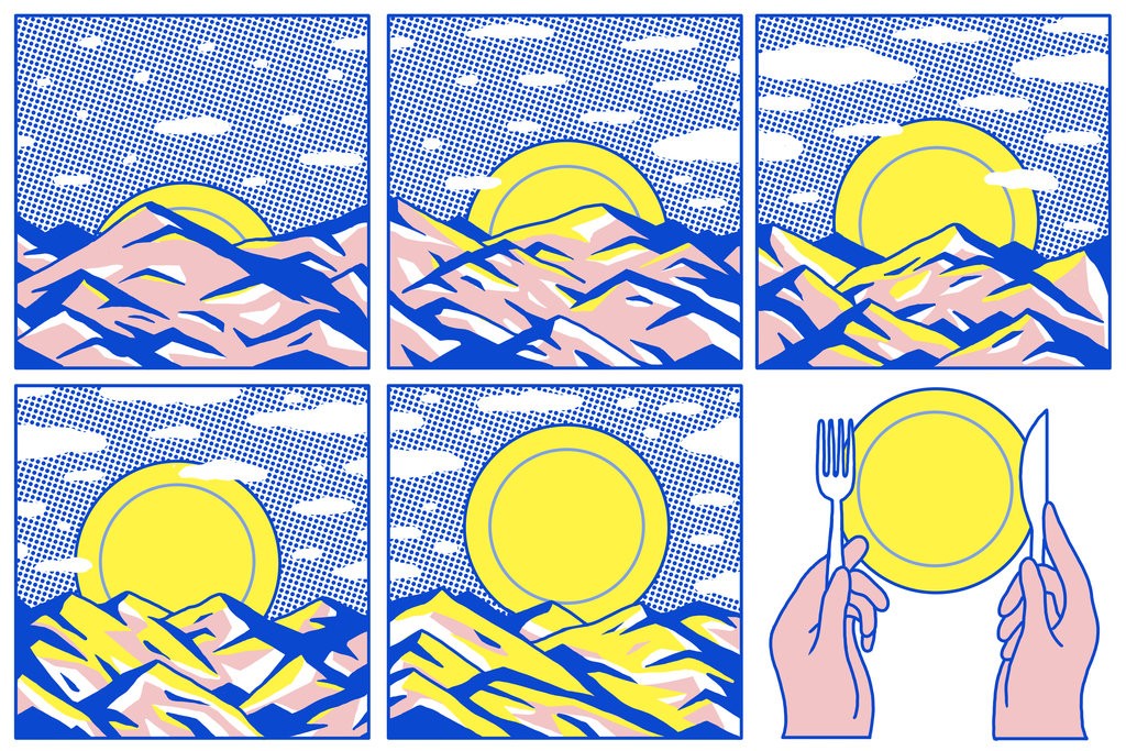 Illustration showing a transition of sunrise into a plate with spoon and fork with six different images in six different boxes