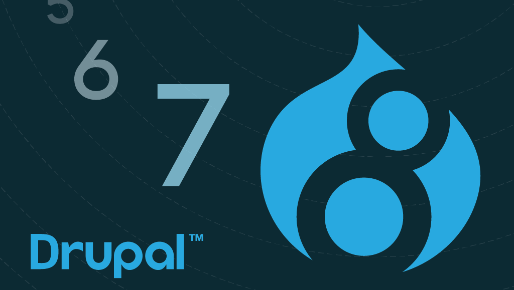 Illustration showing logo of Drupal 8 and the word ‘Drupal’ with numbers 5,6 and 7 floating around