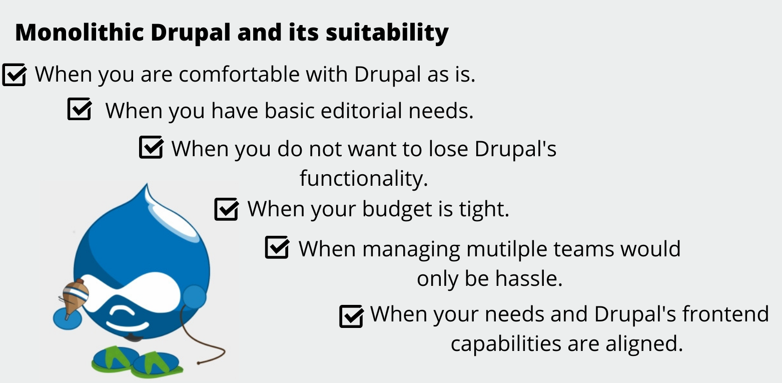 The Drupal logo is on the bottom left and the situations that are suitable for monolithic Drupal architecture are written in the centre.