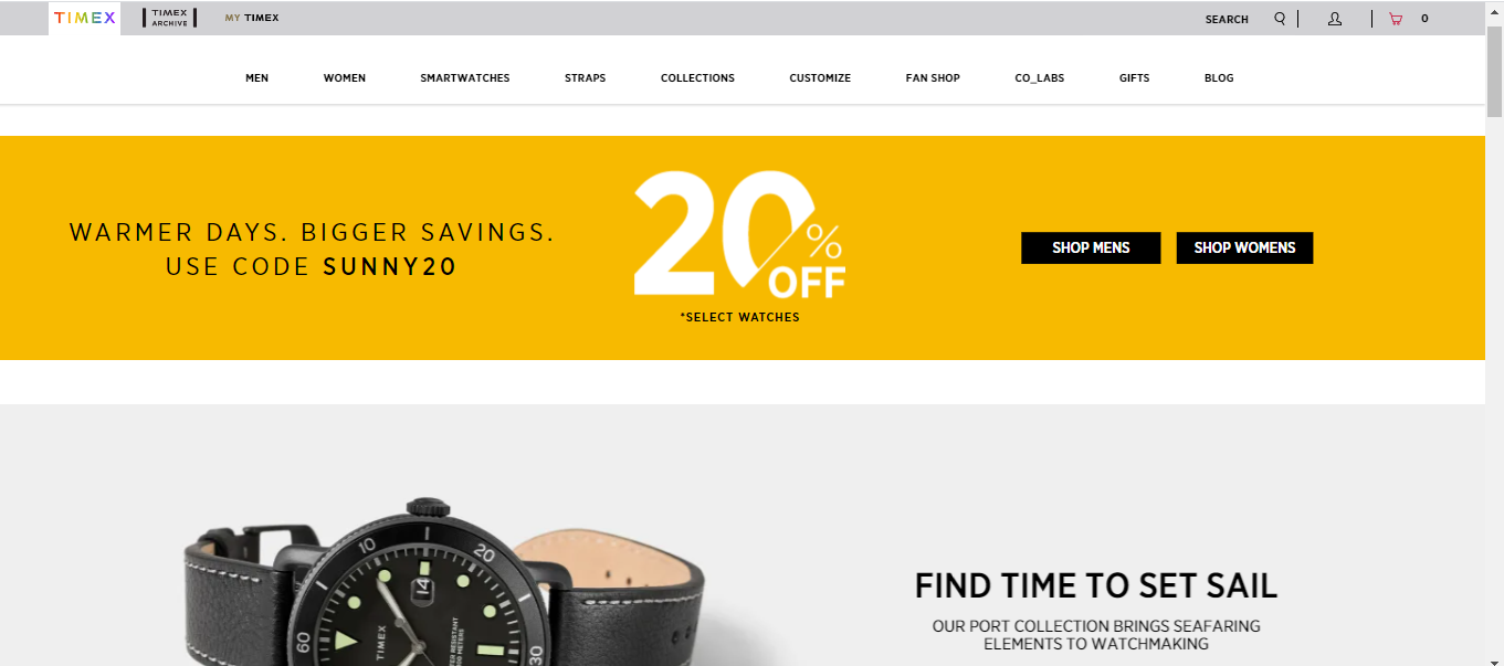 Home page of Timex's Website