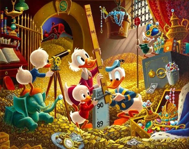 Image of McDuck with donal duck and his two grandsons measuring  the room full of gold coins 
