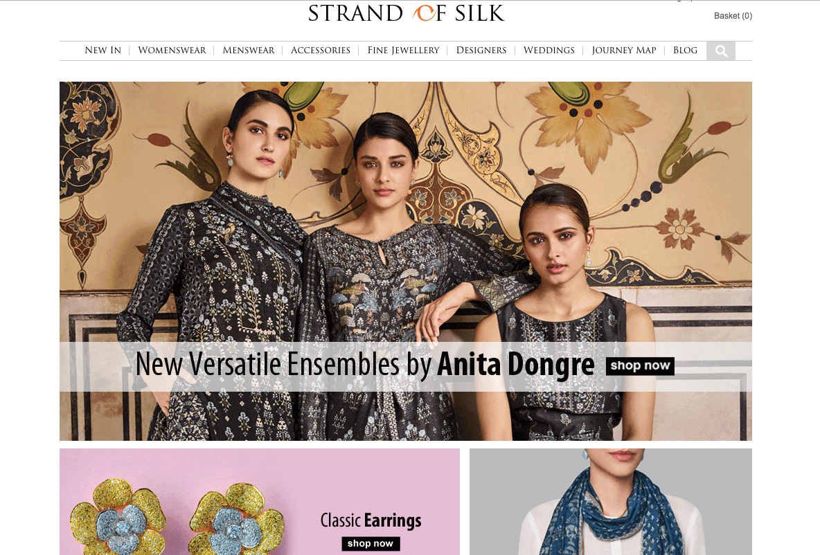 homepage of strands of silk with three women in indian ethnic wear