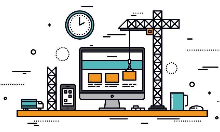 Image of a computer screen where a crane is placing a square block on its screen. On the left side there is an image of a truck and a mobile phone, on right there is an image of a cup and a mouse