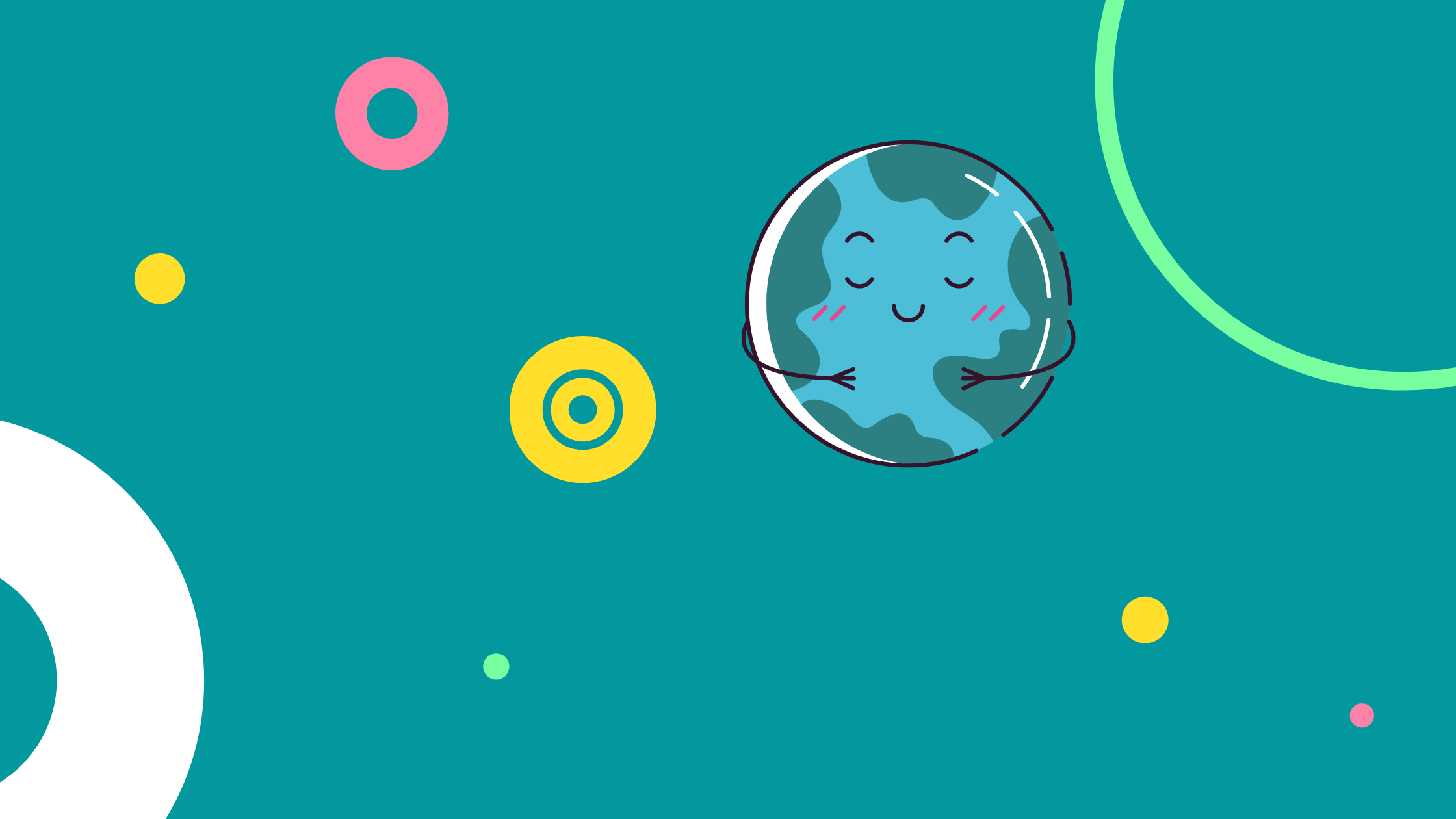 Blue background with green, yellow and pink circles and an animated Earth