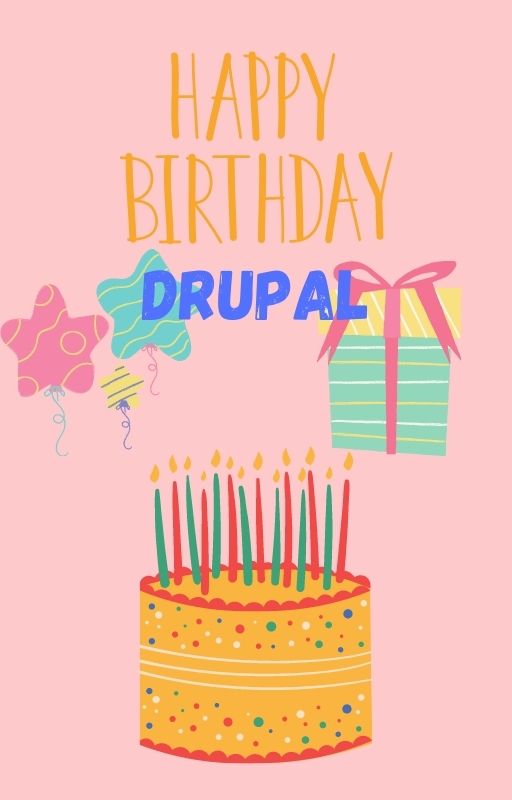 pink background with cake and decor, yelloe text reading 'happy birthday Drupal'