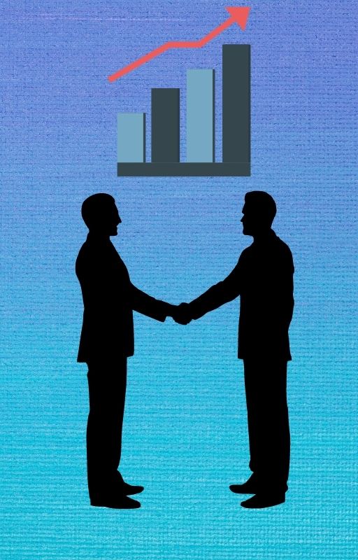 blue background with two men shaking hands and a bar graph with an upward arrow