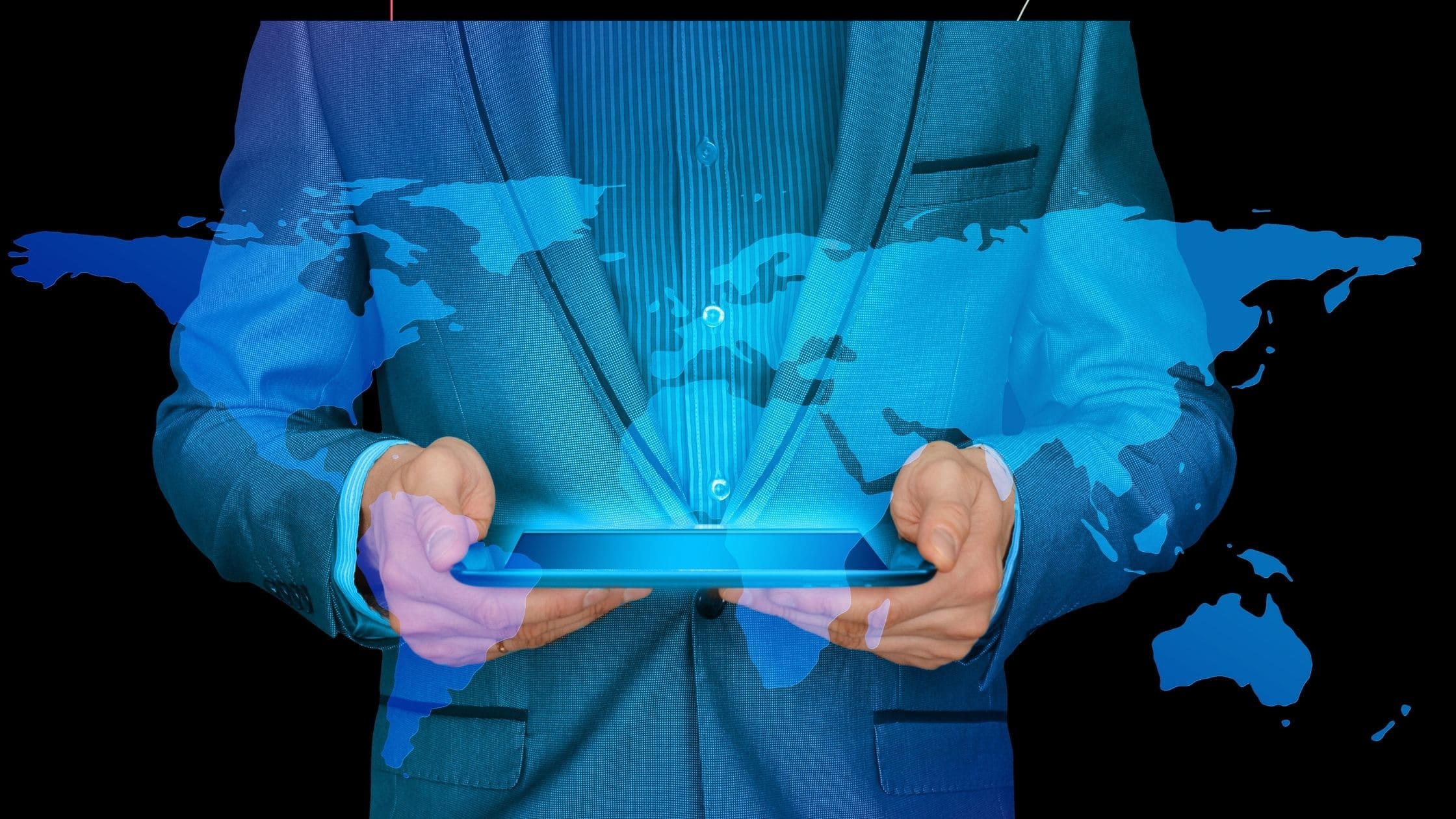 two hands holding a phone and a blue hologram of the world map emerging from it