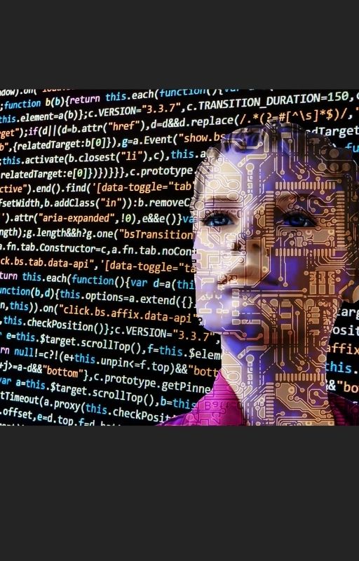 AI woman looking at a screen filled with code