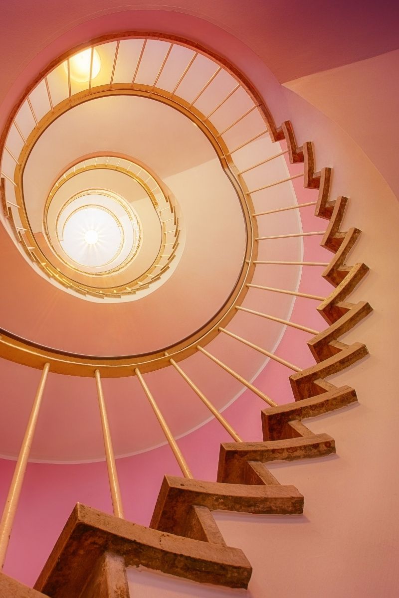 A round staircase can be seen.