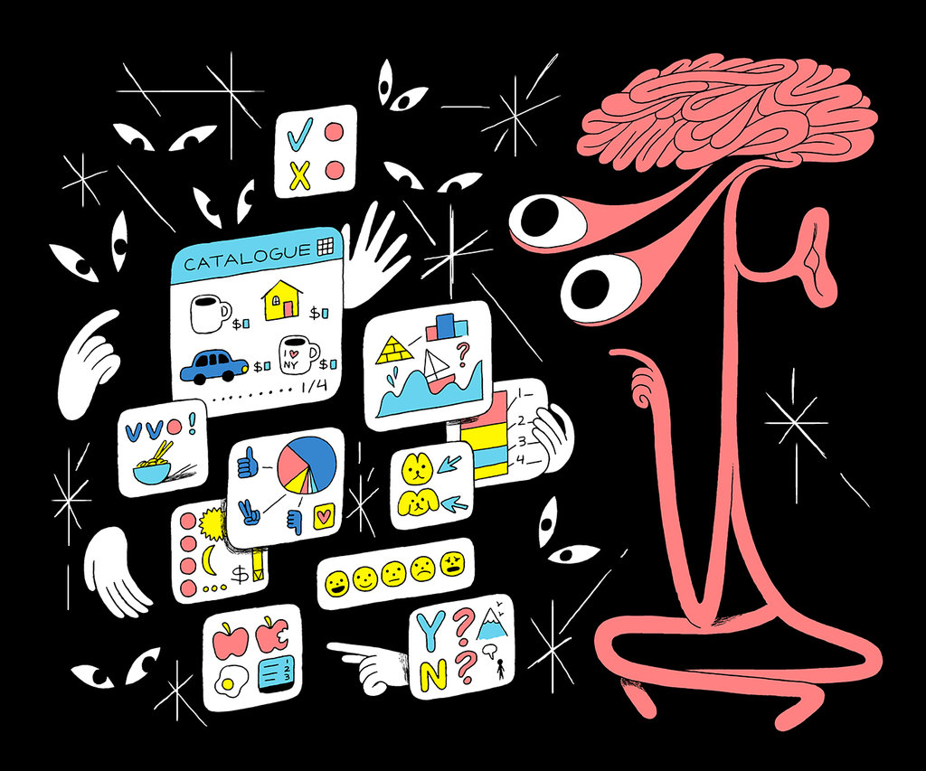 Illustration showing a human brain with eyes on right and several small white boxes consisting of small icons representing house, car, cup, bowl, emoticon, piechart on left