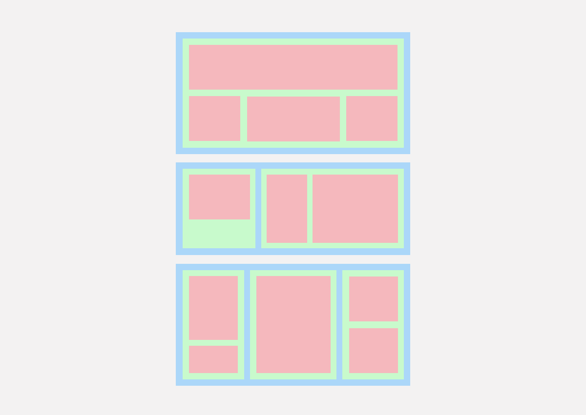A green background with pink sections to depict the flexibility of the layout builder module.