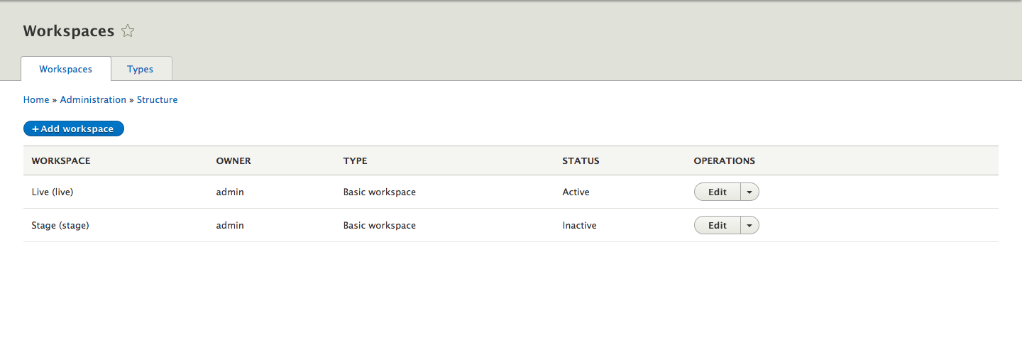 Admin interface of workspace with different owner, type, and status