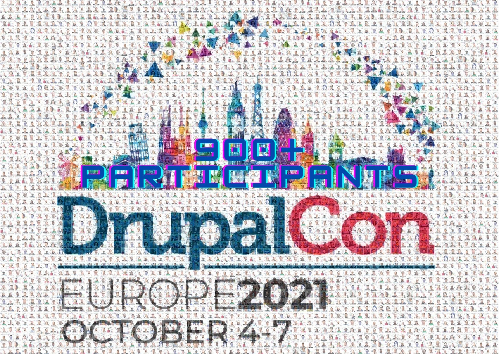 drupal con europe 2021 logo with drop icon and skycrapers in background