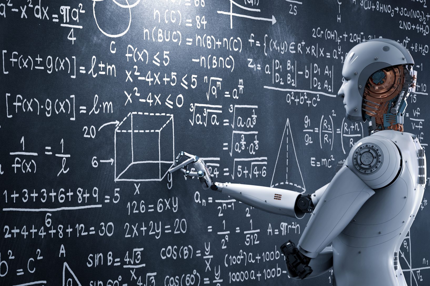 image of a white robot writing on a black board with white chalk