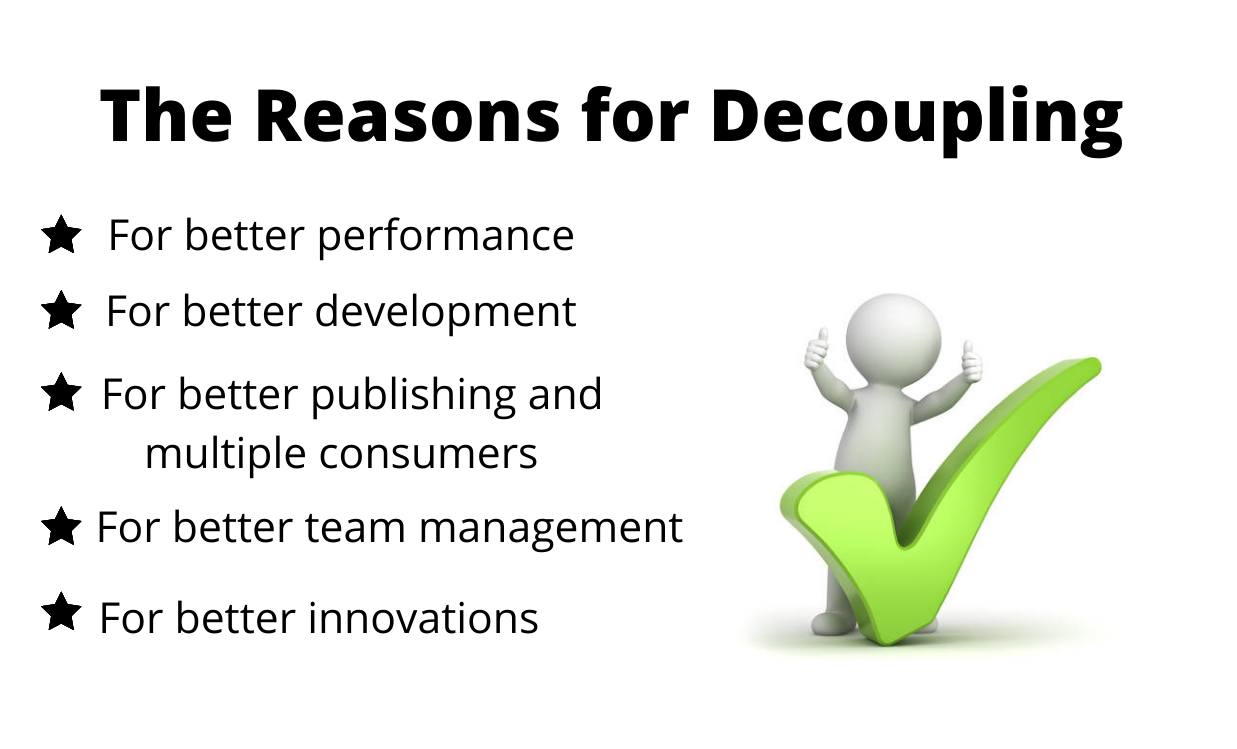 A green check is on the right, with the left side covering the reasons for choosing decoupled Drupal.