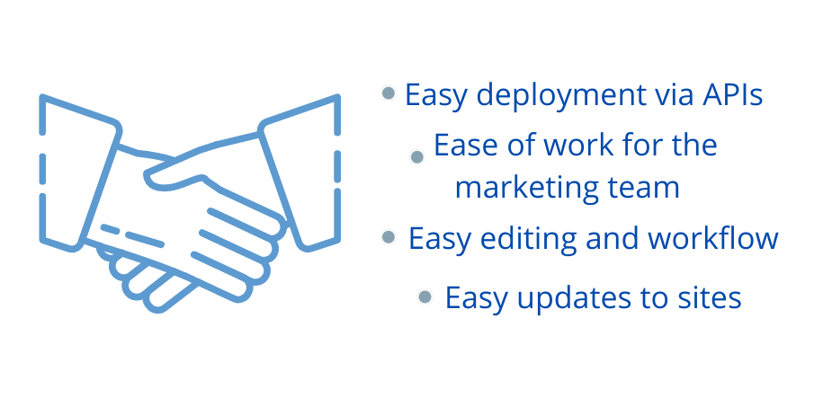 Two hands shaking can be seen on the left, with the benefits of a CMS and static site generators' partnership.