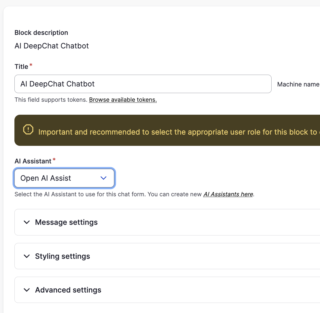 Deep Chat Block hinzufügen Drupal AI Search OpenSense Labs