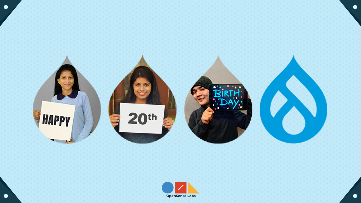 photos of people holding posters to celebrate birth anniversary of Drupal in 2021 with text: Happy 20th birthday Drupal