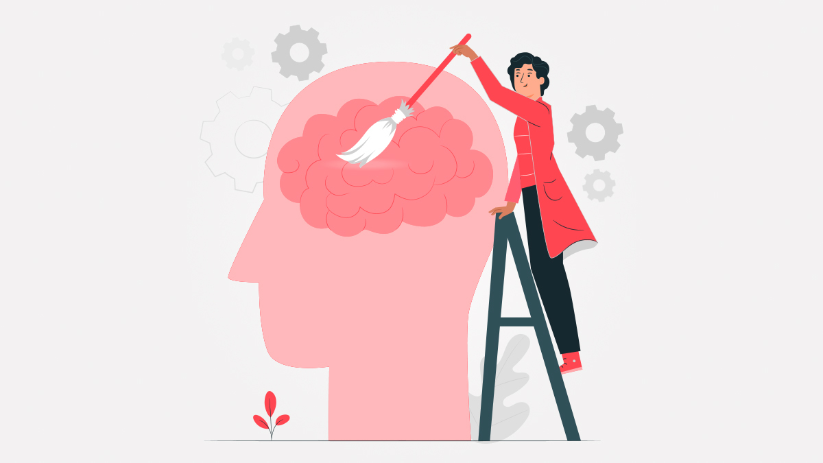 A woman standing on a ladder and cleaning the mind with a broom