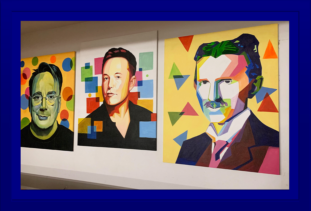 Photos of Elon Musk, Quadro Nikola, linus torvalds on the wall