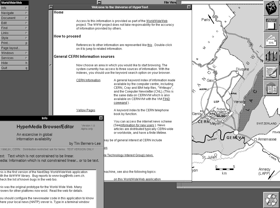 Black and white web page screenshot of the world's first web page, a landmark in web development