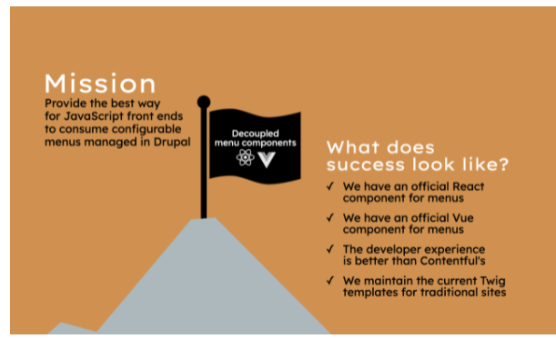 Illustration with a rectangle describing the mission and success of Decoupled menus initiative of Drupal