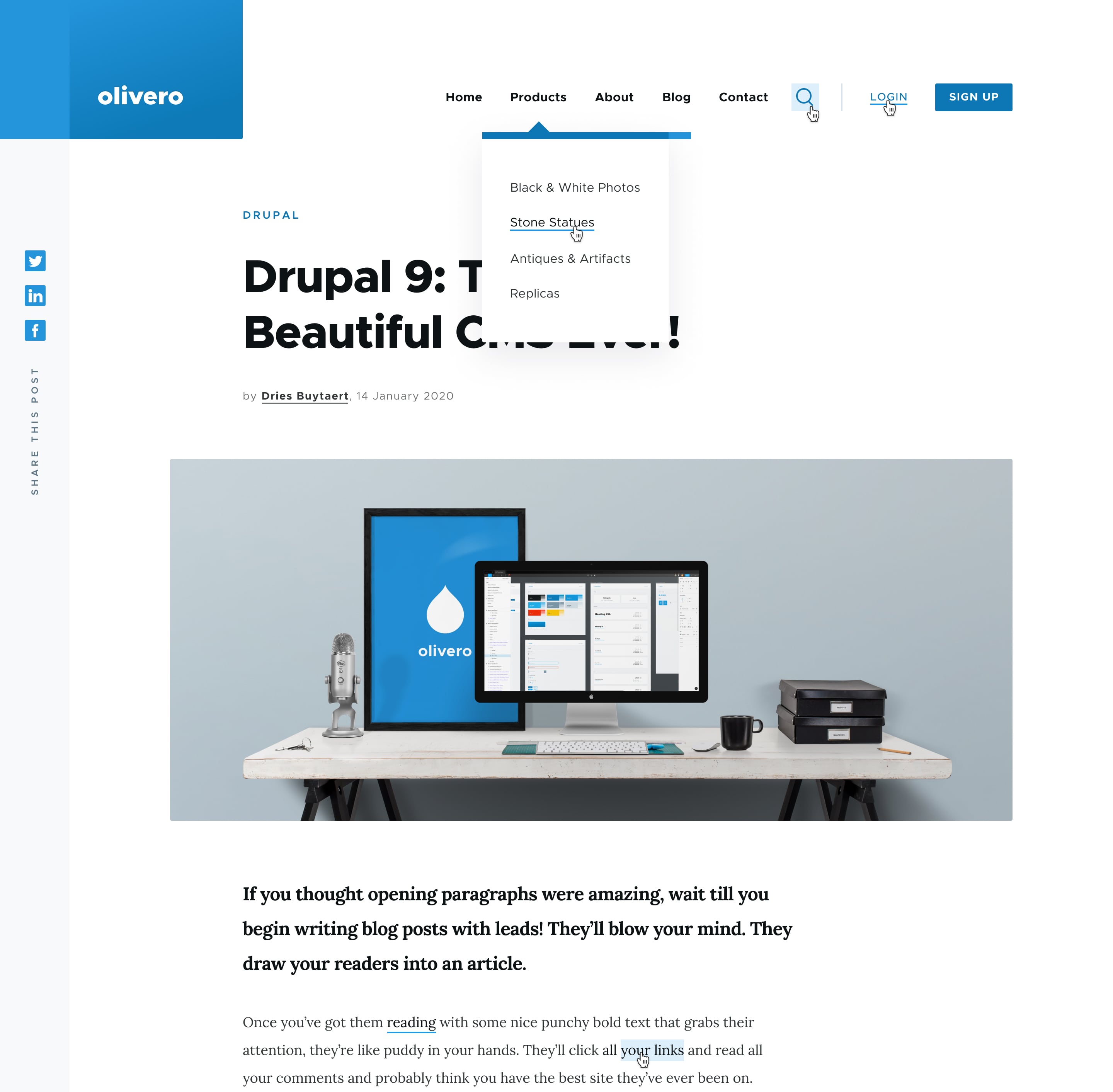 Drupal's Olivero theme in action with olivero written on top and droplet like icon at the centre and text showing its preview