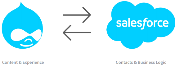  Image of the Drupal logo that is pointing towards and away from the blue salesforce cloud