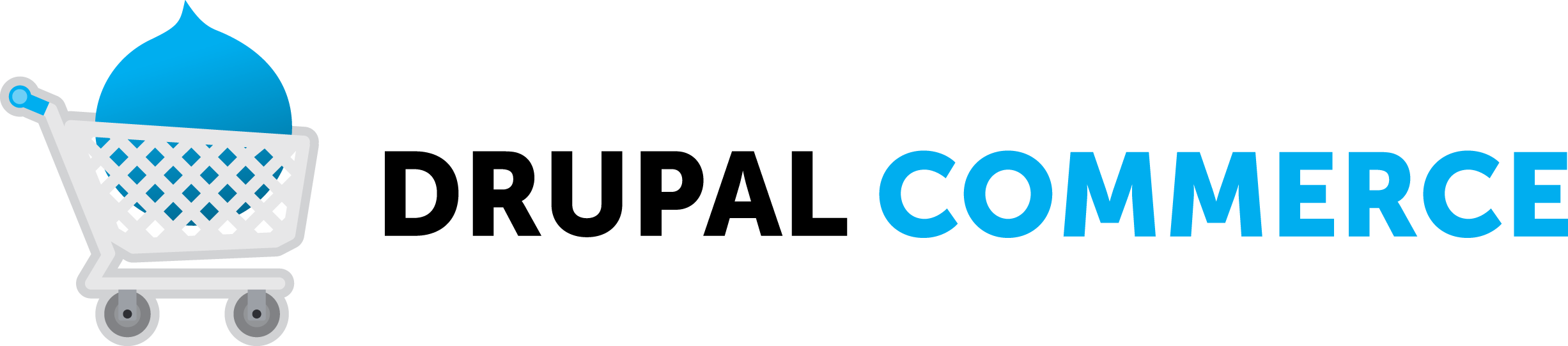 Image of a cart with a blue Drupal logo in it. Where the text is beside it written as Drupal Commerce
