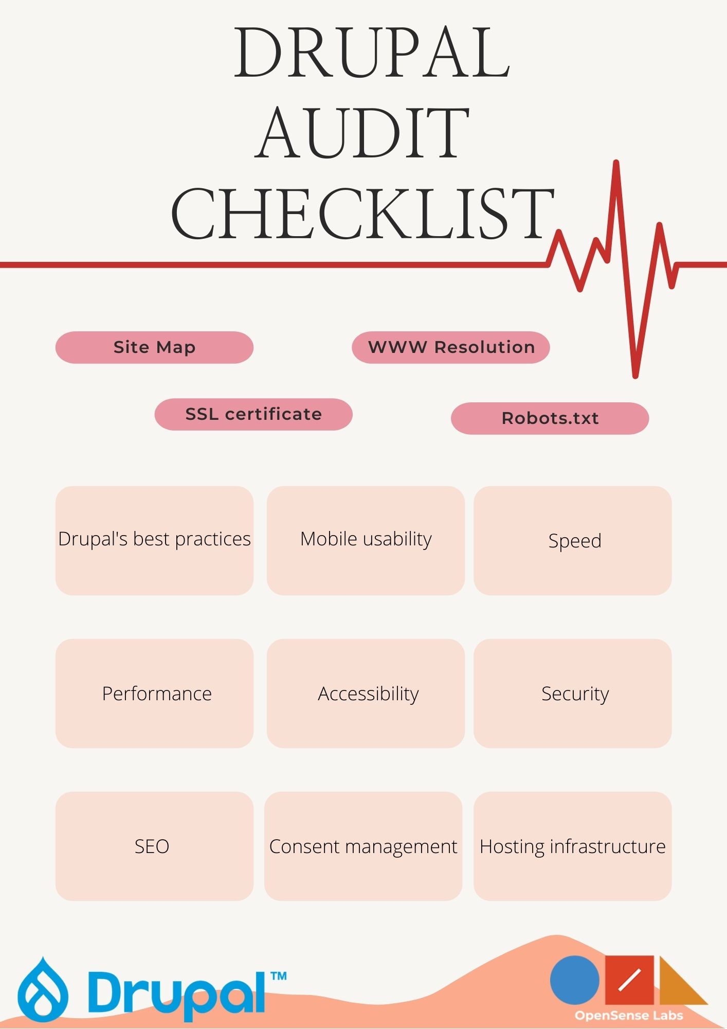 Illustration explaining Drupal website audit checklists with 'Drupal website audit' written at top and several boxes containing textual information below it