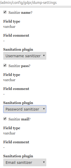 selecting sanitize name, pass, and mail in dump settings
