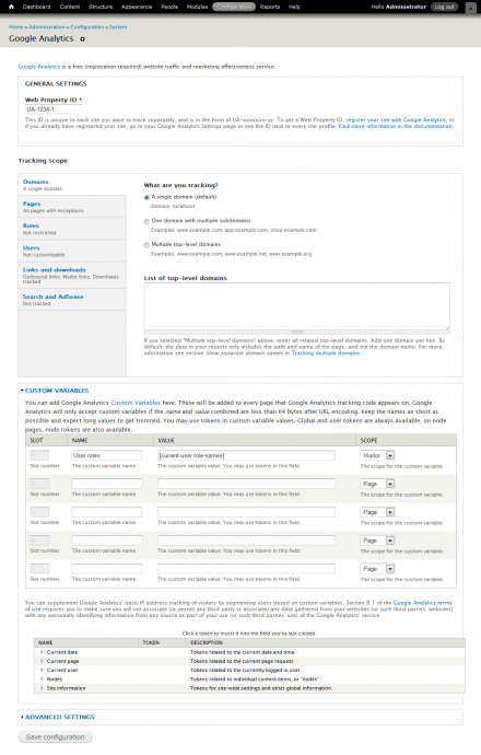 Google analytics drupal module interface with different options