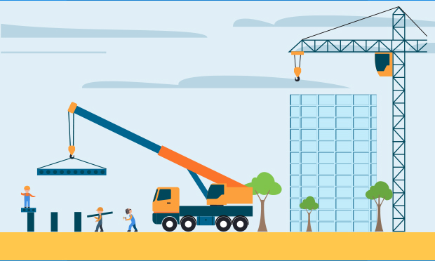 Foundation of a building under construction on left hand side and fully constructed building on right hand side