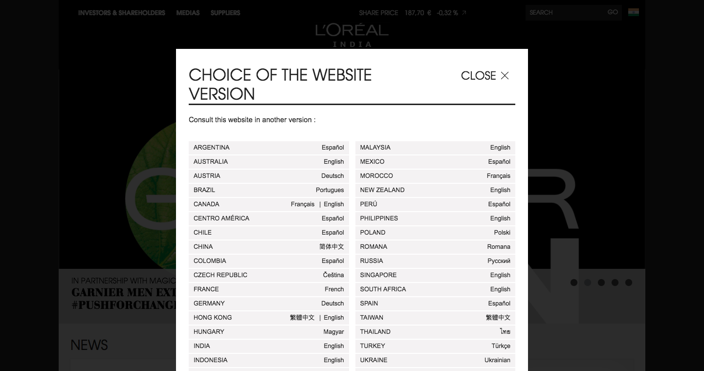 Loreal India website with Multilingual options