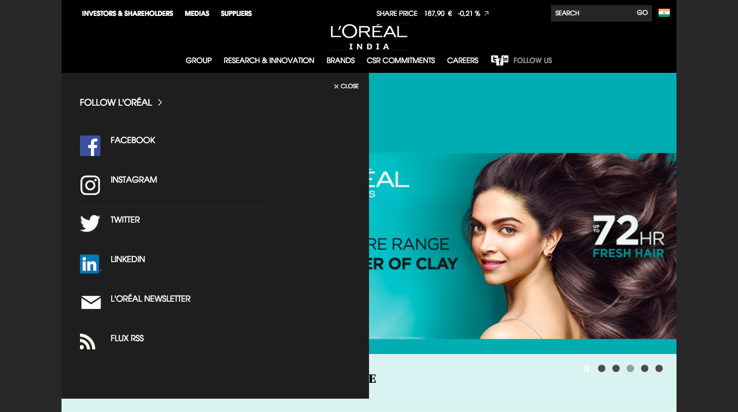 Social media share options in L'oreal India's website