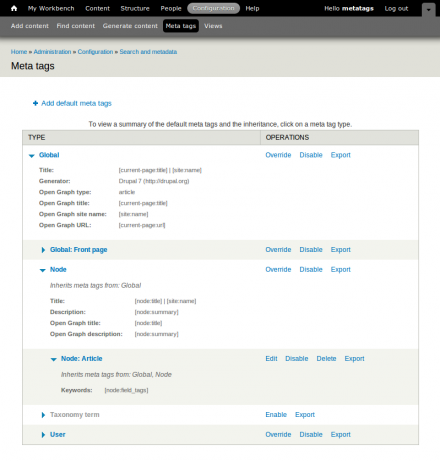 Image containing the interface of the meta tag module.