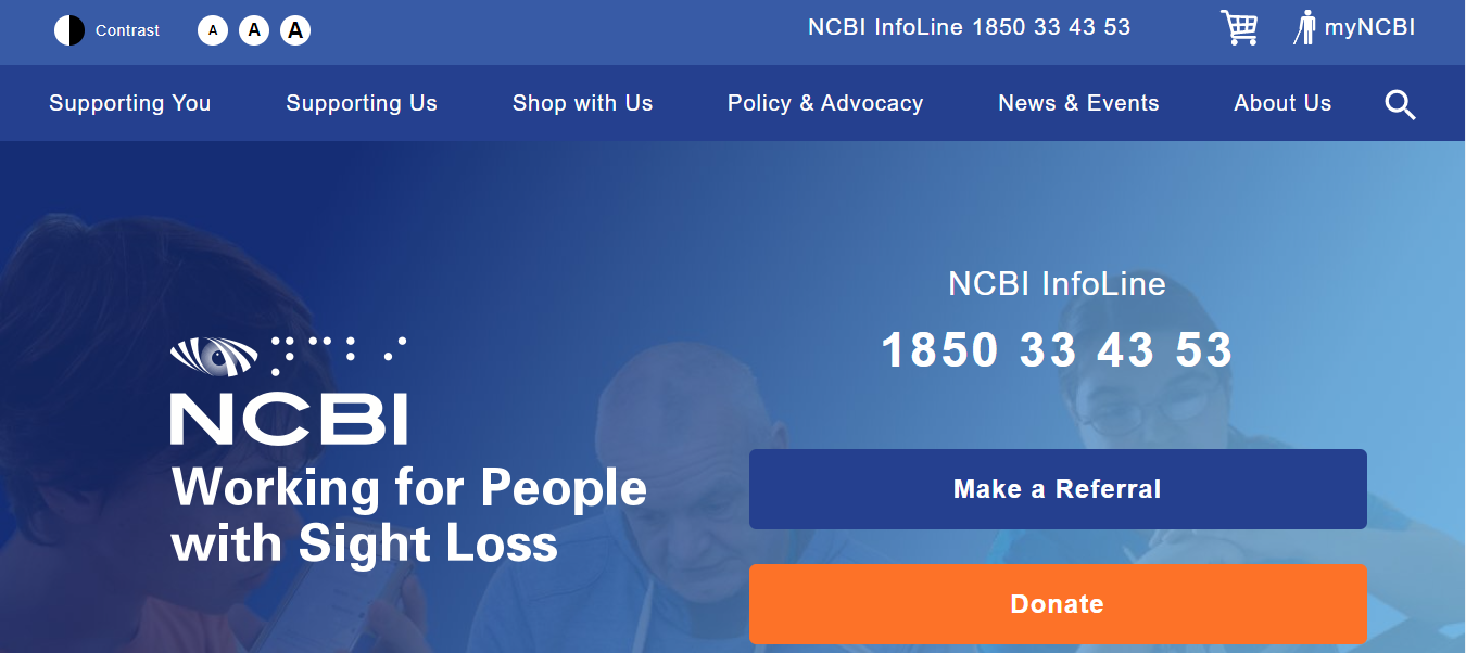 A screenshot of the National Council for the Blind in Ireland (NCBI) website's homepage