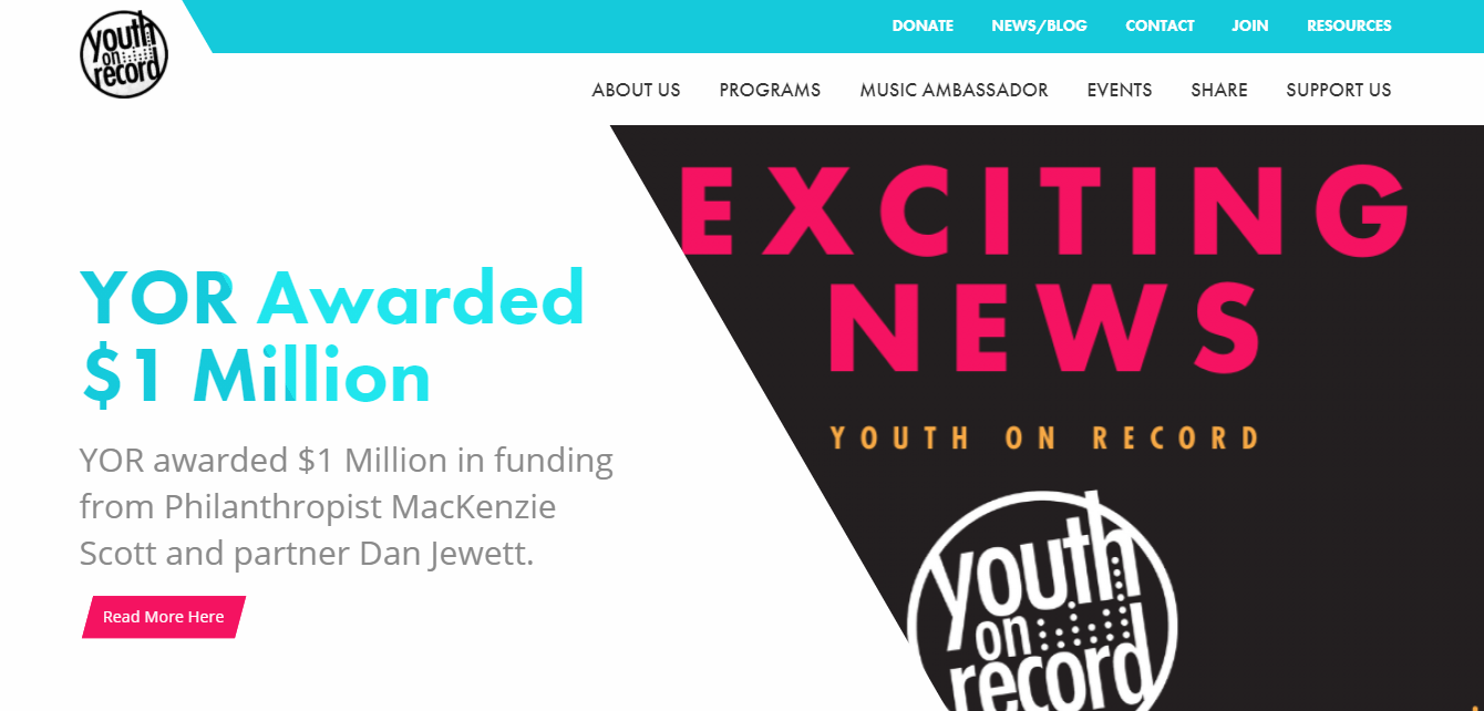 A screenshot of the Youth on Record website's homepage 