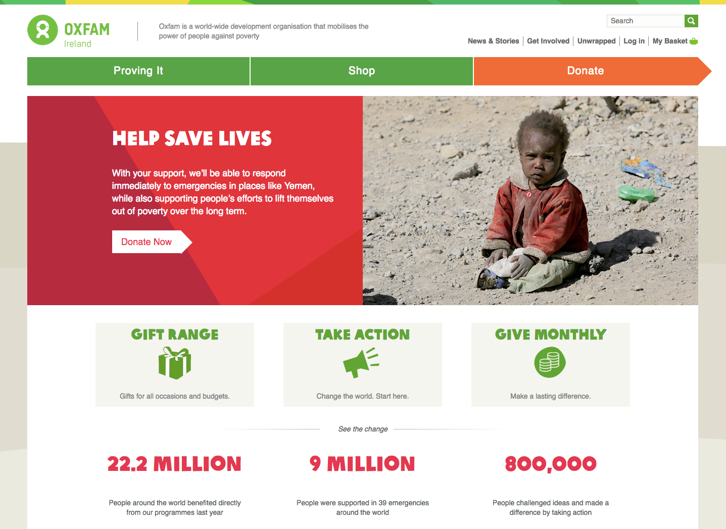 homepage of Oxfam Ireland with a picture of a child in centre right, 3 grey blocks below it and text written on them