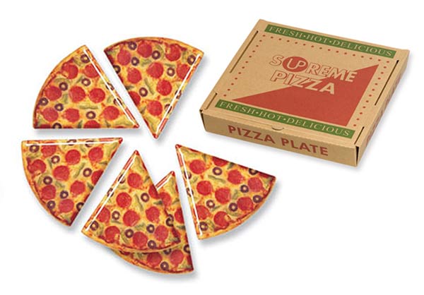  Image of a pizza cut in five halves and placed beside a pizza box