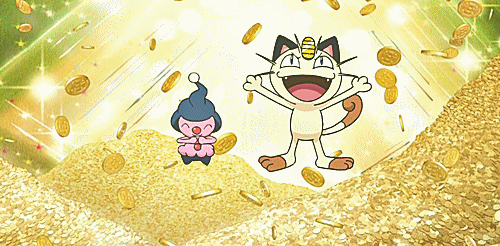 pokemon gif with money falling over on meow