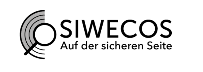  Image of the logo of SIWECOS with an illustration showing a magnifying glass superimposed over concentric semicircles