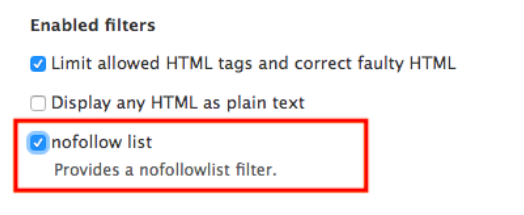 Enabling the filter for nofollow list in "Enabled filters"